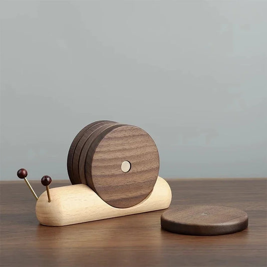 Sous-tasses escargot de bourgogne bois noyer 5 pièces aimantées thé café apéritif boisson décoration table maison écologique durable - lebois-eco.com