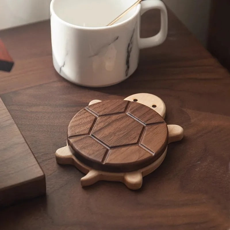 Sous tasse tortue bois 2 pièces détachables aimantées thé café bureau apéritif boisson décoration table maison durable - lebois-eco.com