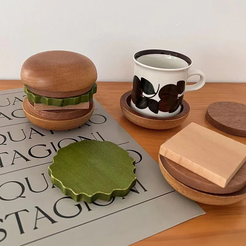 Sous tasse verre bois forme hamburger 6 pièces aimantées café thé table repas décoration originale maison intérieur écologique durable - Lebois-eco.com