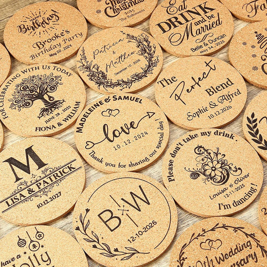 Sous-verre liège personnalisable logo texte pour particuliers professionnels évènement mariage bar restaurant fête anniversaire durable - lebois-eco.com