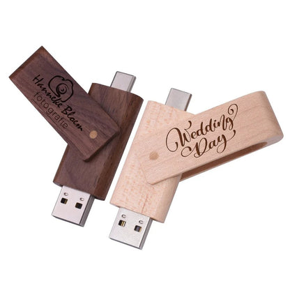 Clé USB 2 en 1 en bois personnalisable avec gravure laser, USB 3.0 et USB-C, disponible en noyer et érable.
