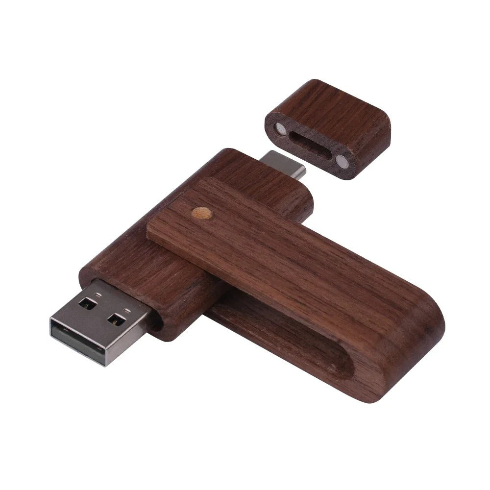 Clé USB 2 en 1 en bois de noyer personnalisable par gravure laser.