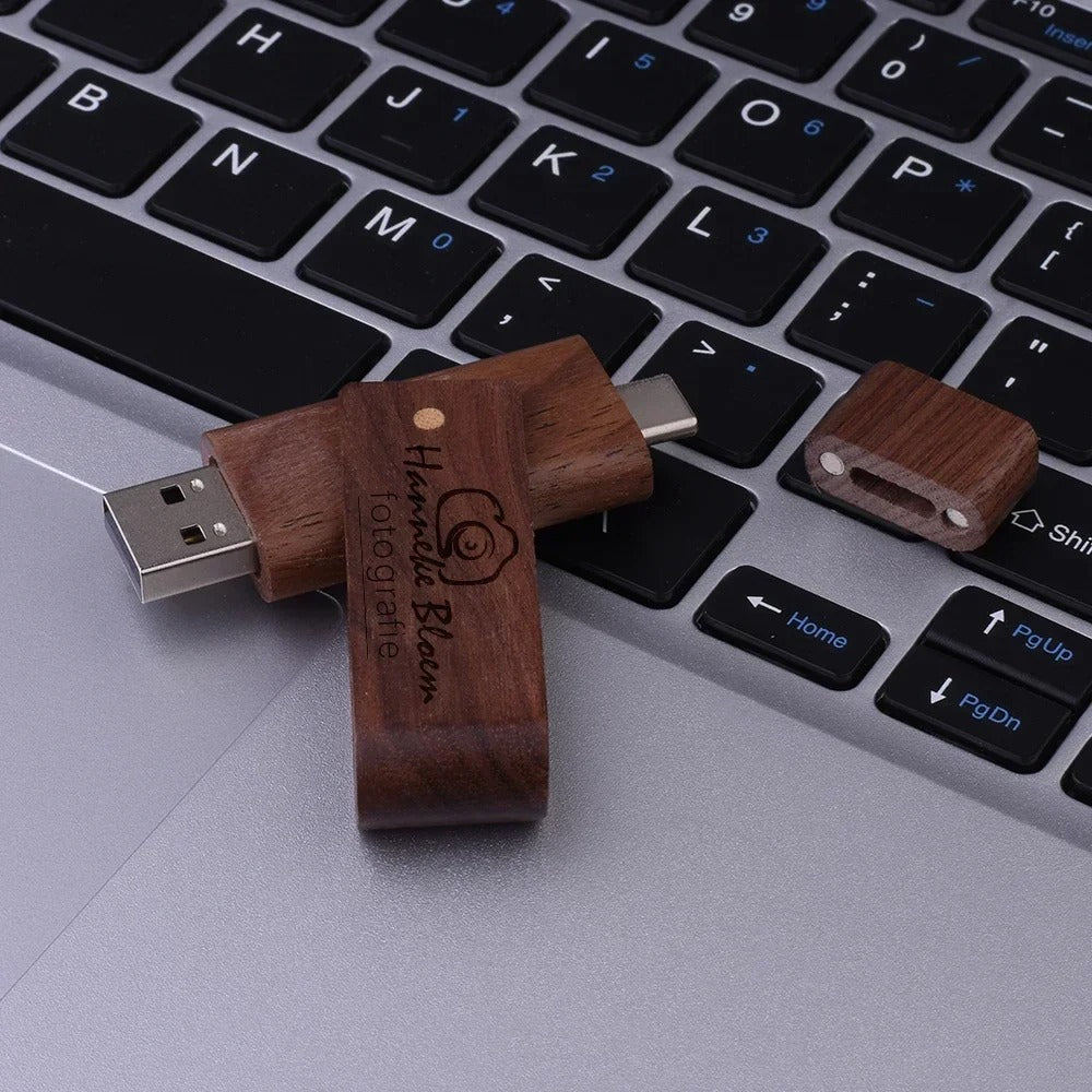 Clé USB en bois avec connecteurs USB-C et USB 3.0 pour ordinateur, tablette et smartphone compatibles.