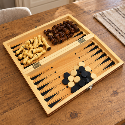Coffret en bois ouvert avec jeu d'échecs, dames et plateau de backgammon