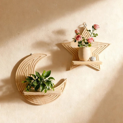 Étagère murale en bois étoile et lune avec plantes