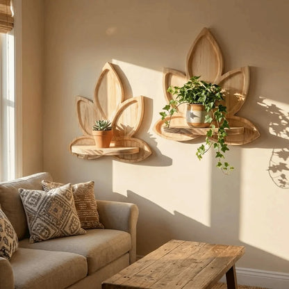 Détail de l'étagère murale en bois en forme de fleur de lotus.