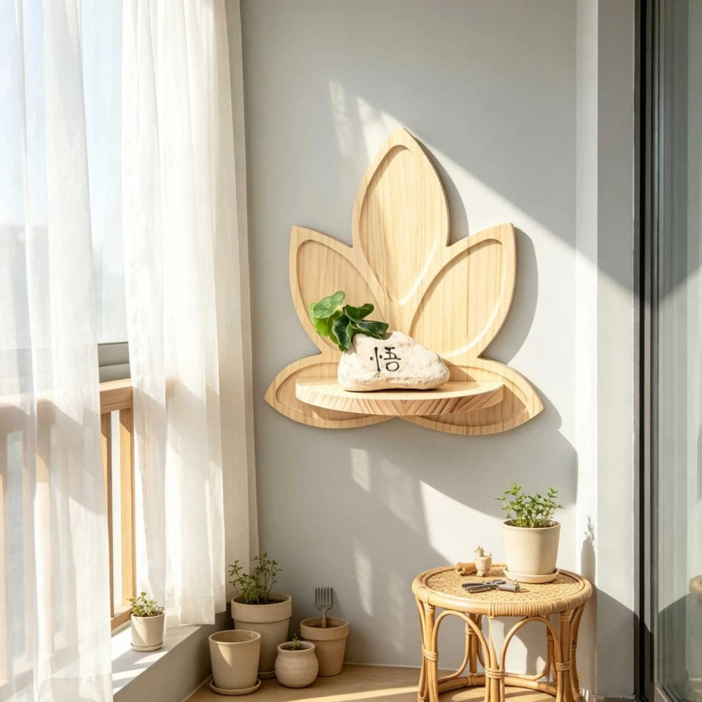 Dimensions de l'étagère murale en bois Fleur de Lotus.