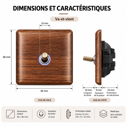 Dimensions de l'interrupteur en bois de noyer 86 x 86 mm avec vue de face et de côté