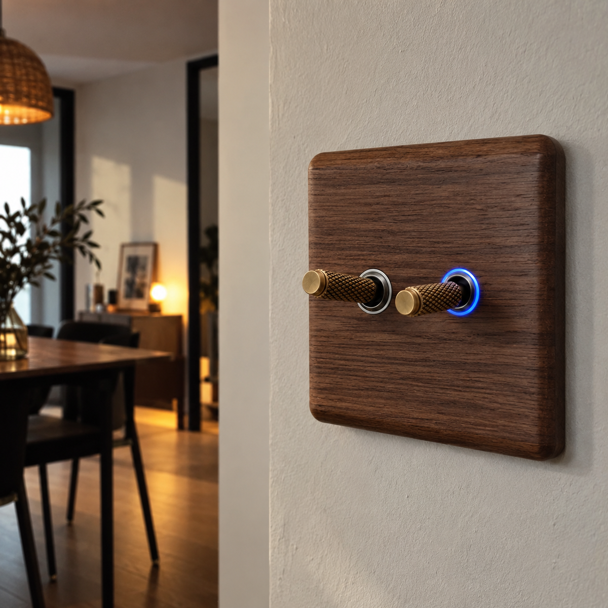 Interrupteur en bois de noyer avec LED bleue et levier en laiton installé au mur
