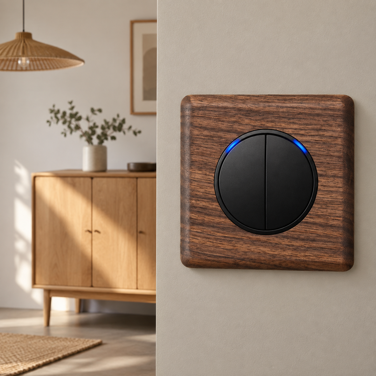 Interrupteur double en bois naturel noir avec voyants bleus