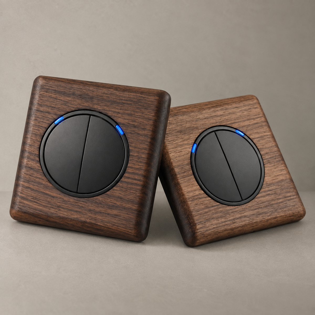 Deux interrupteurs en bois naturel noir, modèle simple et double