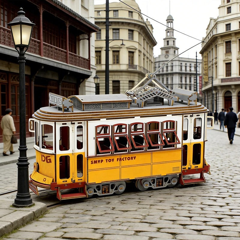 Maquette en bois du tramway ancien assemblée dans une rue