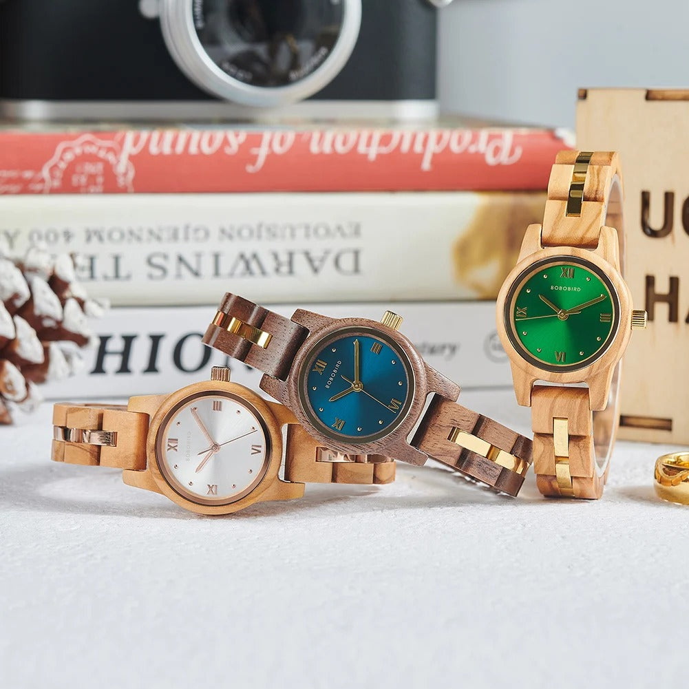 Bracelet de montre en bois pour femme avec bande dorée centrale