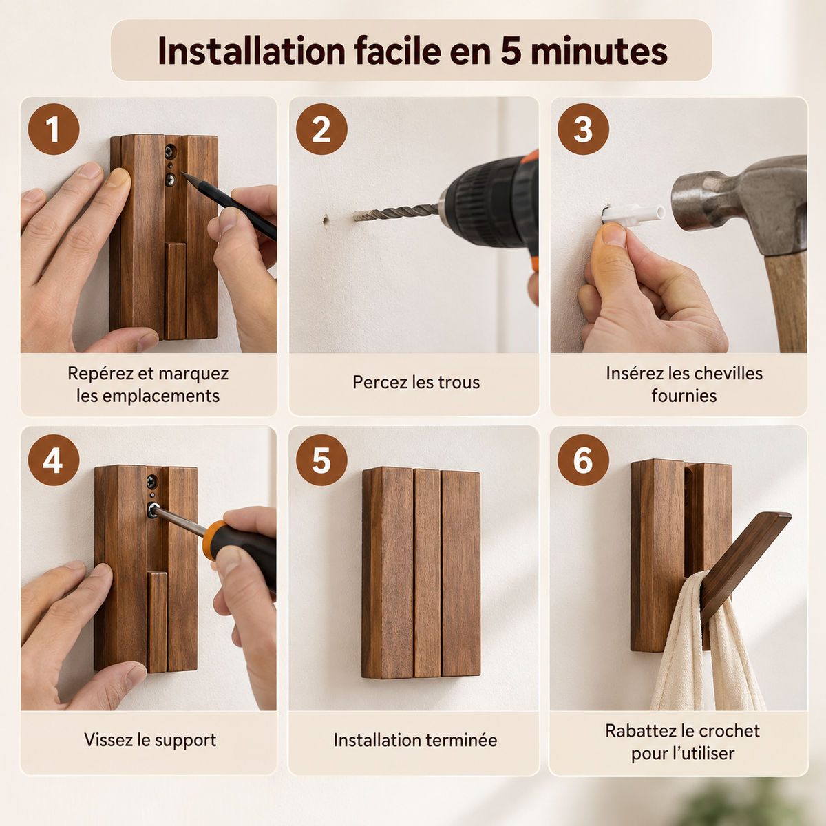 Dimensions d’une patère murale pliante en bois d’acacia avec crochet aimanté
