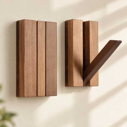 Patère murale pliante en bois d’acacia installée dans une entrée