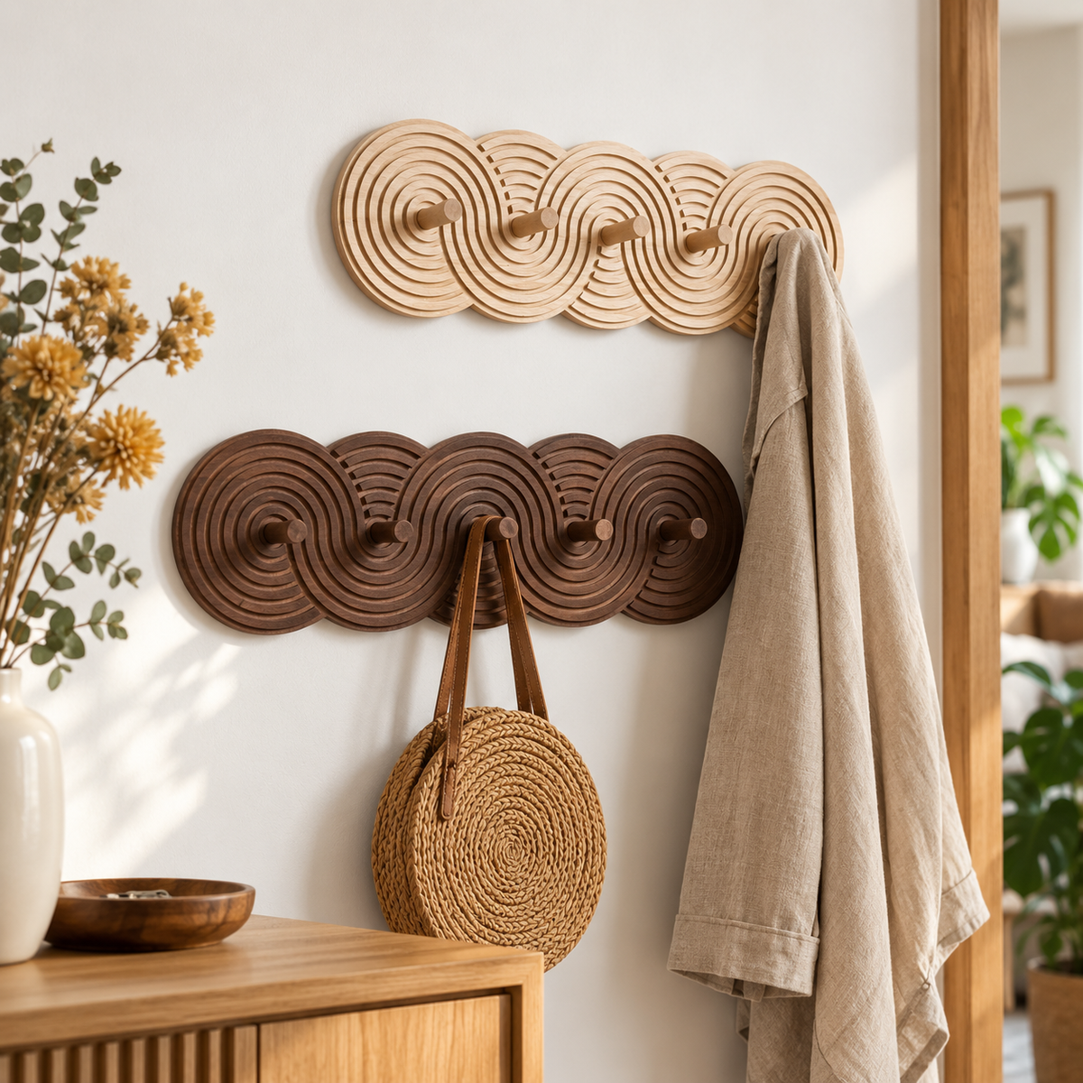 Deux Porte-manteaux muraux en bois clair et foncé avec des accessoires