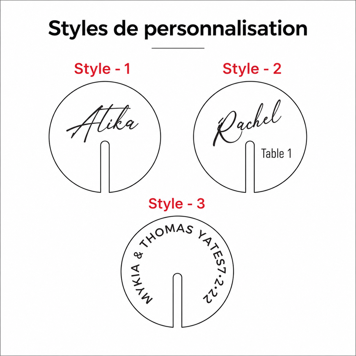 Exemples de styles de personnalisation pour marque-verres ronds en bois