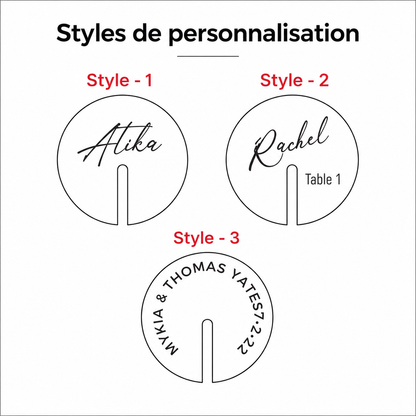 Exemples de styles de personnalisation pour marque-verres ronds en bois