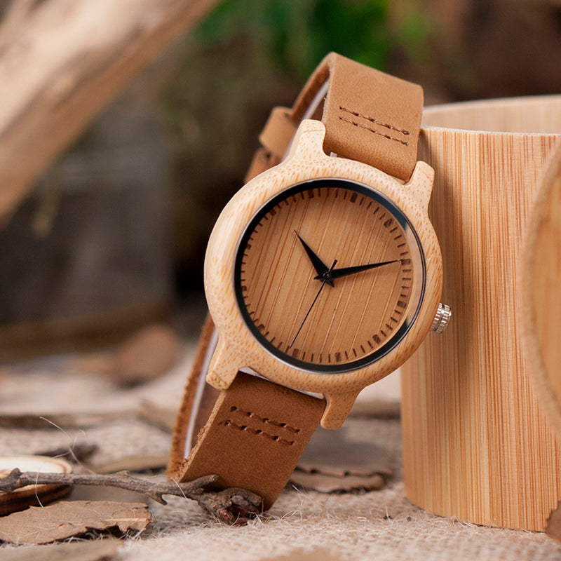 Montre homme femme bambou bracelet cuir véritable quartz miyota chic bijoux naturel environnement écologique responsable renouvelable bois - lebois-eco.com