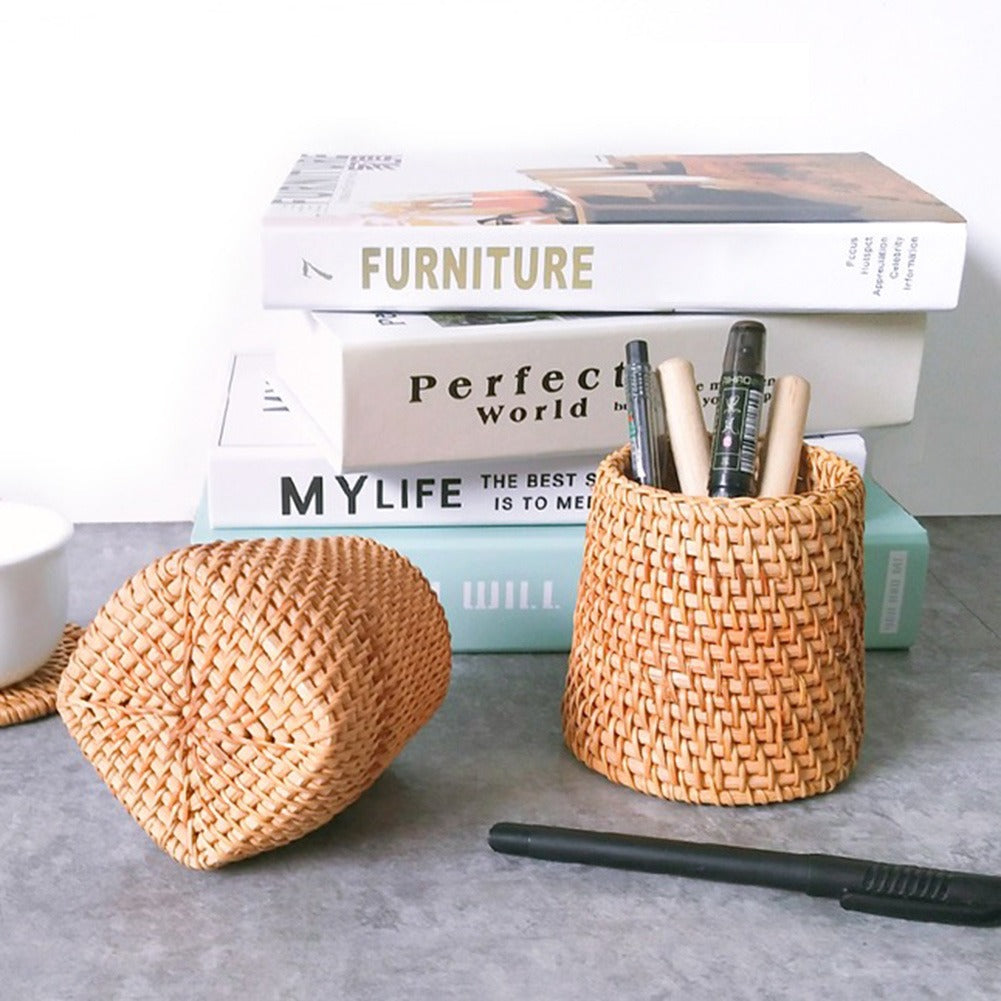Panier rangement rotin naturel tissé fait main artisanal porte stylo intérieur décoration table renouvelable environnment écoresponsable durable écologique - lebois-eco.com