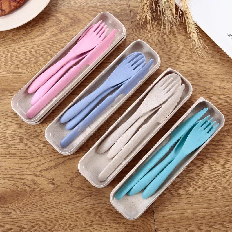 Set 3 pièces couverts couteau fourchette cuillère paille blé picnic repas voyage recyclage recyclé compostable naturel écologie écologique responsable environnement renouvelable - lebois-eco.com