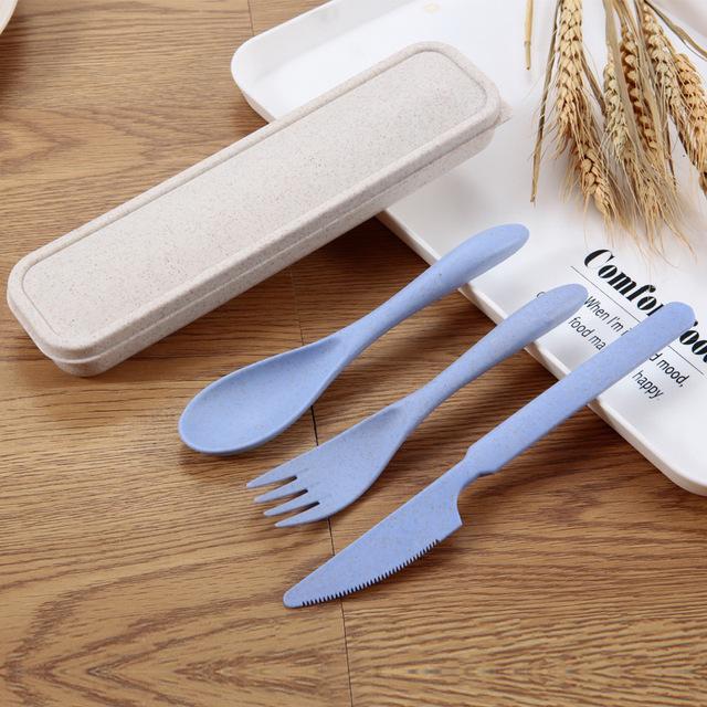 Set 3 pièces couverts couteau fourchette cuillère paille blé picnic repas voyage recyclage recyclé compostable naturel écologie écologique responsable environnement renouvelable - lebois-eco.com