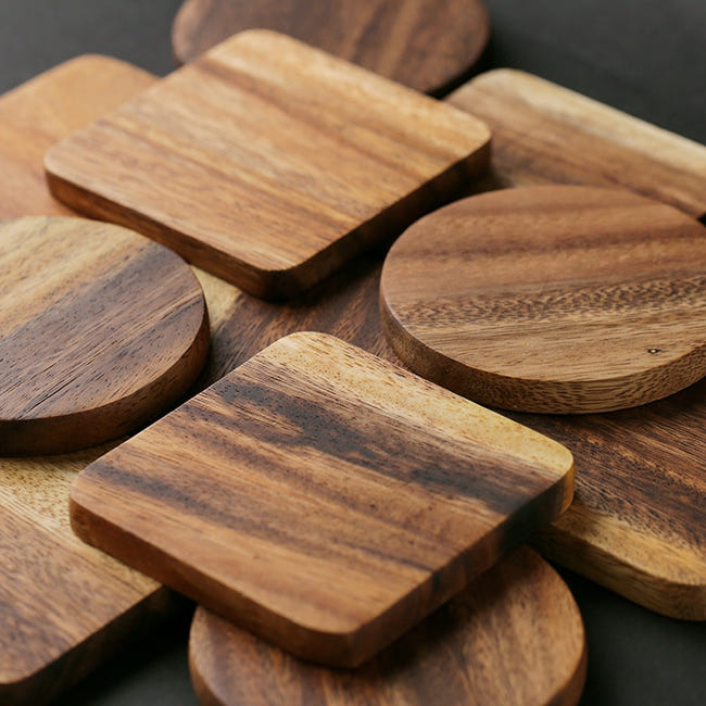 Lot De 6 Dessous De Verre En Bois D'acacia - 10 Cm, Avec Support En Fer Noir - Parfait Pour Table, Bar, Décoration - 1